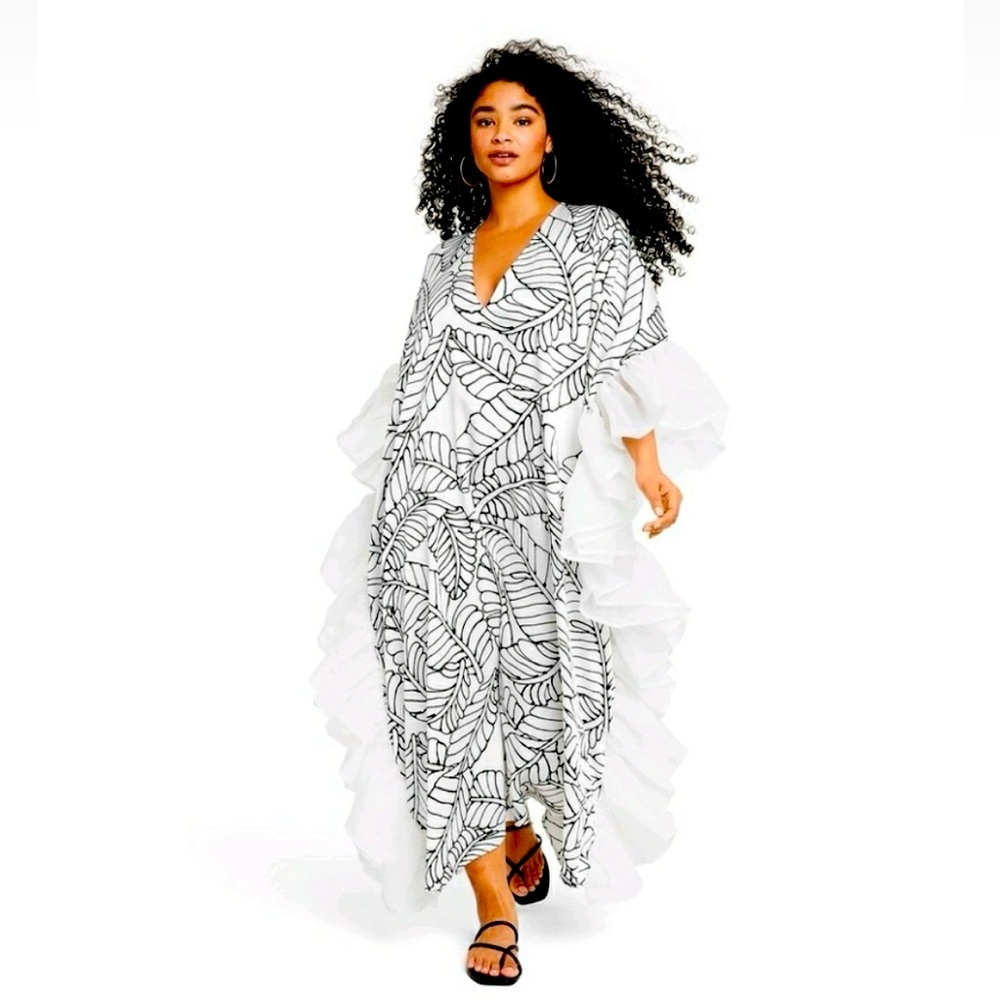 Worn Once - Fe Noel x Target Sketch Palm Leaf Print Ruffle Trim Kaftan Dress, M